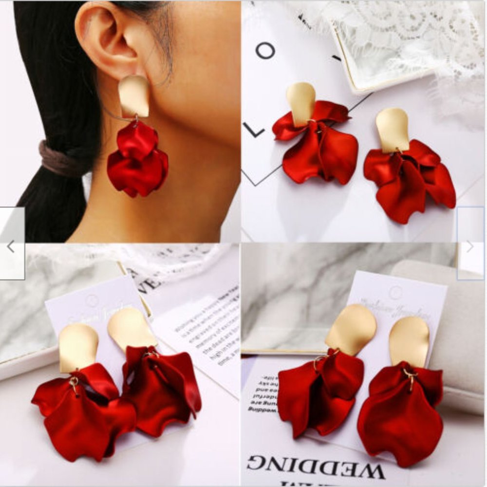 Fashion Red & Gold Petal Flowers Drop Earring NEW